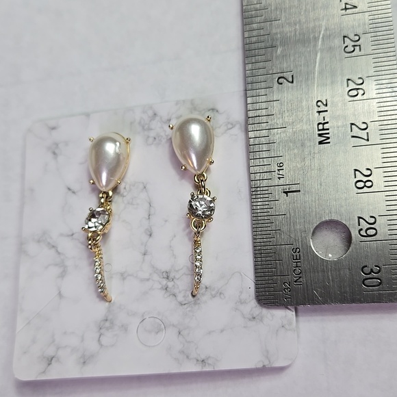 Gold Tone Silver Fuax Pearl Drop Earrings - Picture 12 of 17